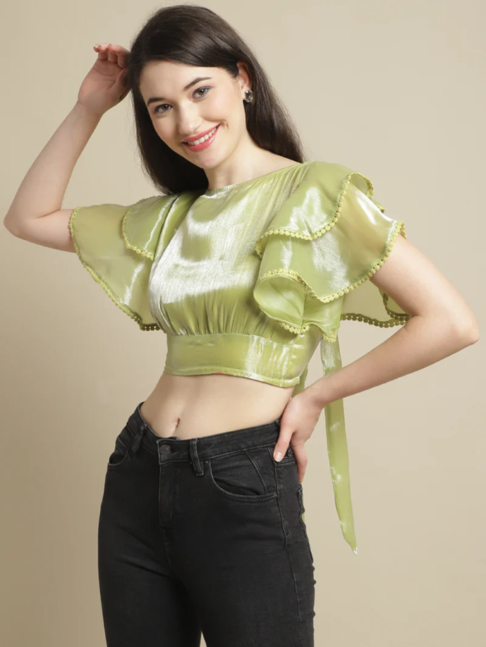 GREEN LAYERED SLEEVE CROP TOP