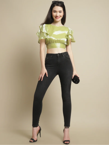 GREEN LAYERED SLEEVE CROP TOP